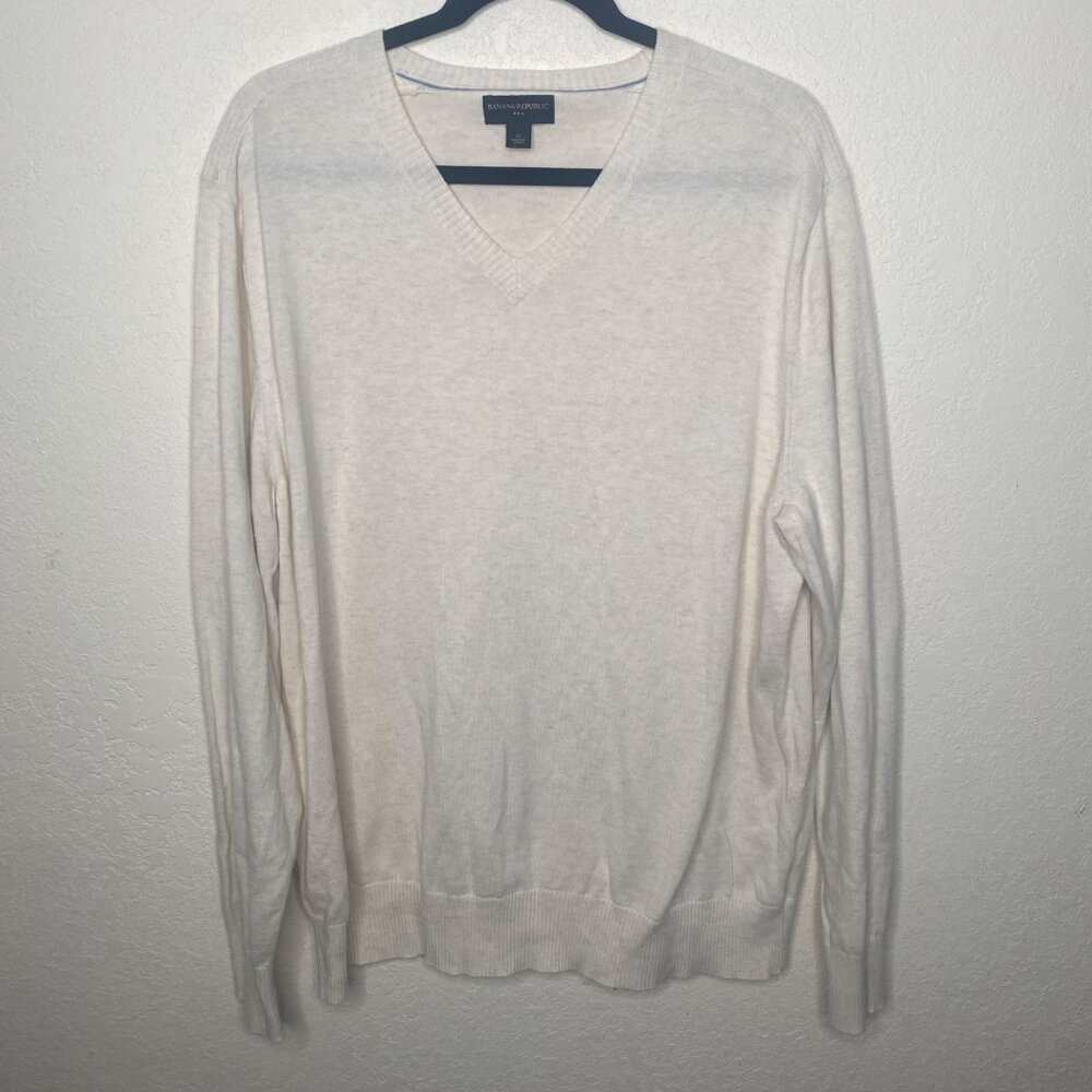 Banana Republic Sweater Mens  XL Ivory Cotton Blend V Neck Pullover Career Offic